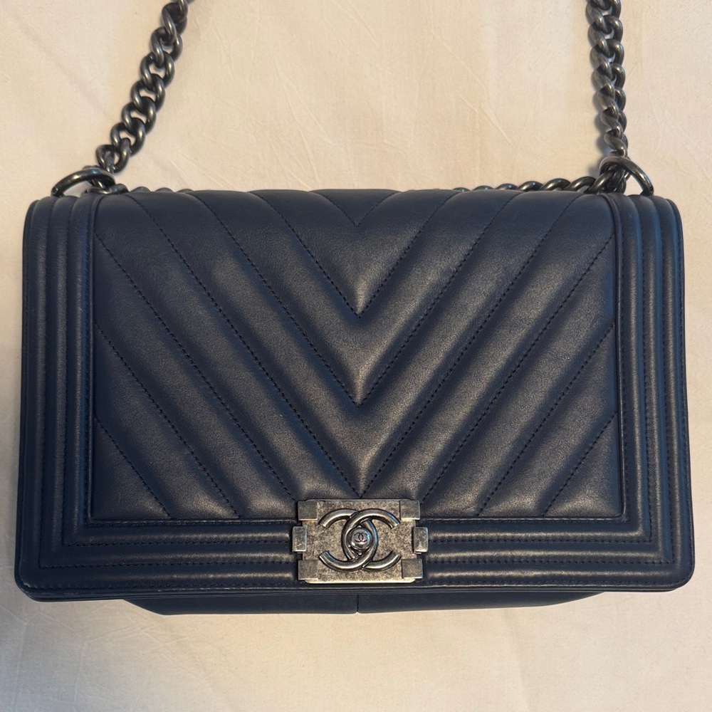 Chanel Large Chevron Boy Bag - Navy